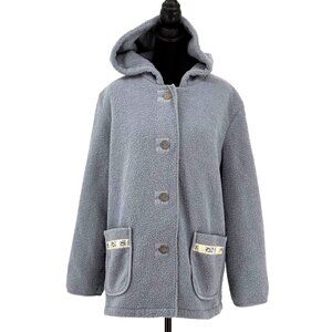 Vintage Boucle Jacket Womens L Hooded Embroidered Pockets Button Grandma Granny